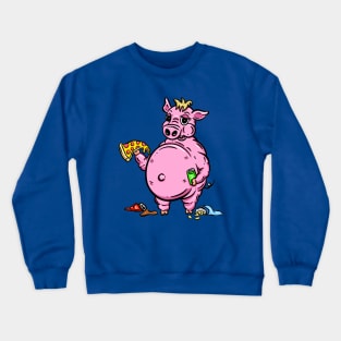 Fat Pig eating Pizza Crisps and Junk Food Logo Mascot Cartoon Crewneck Sweatshirt